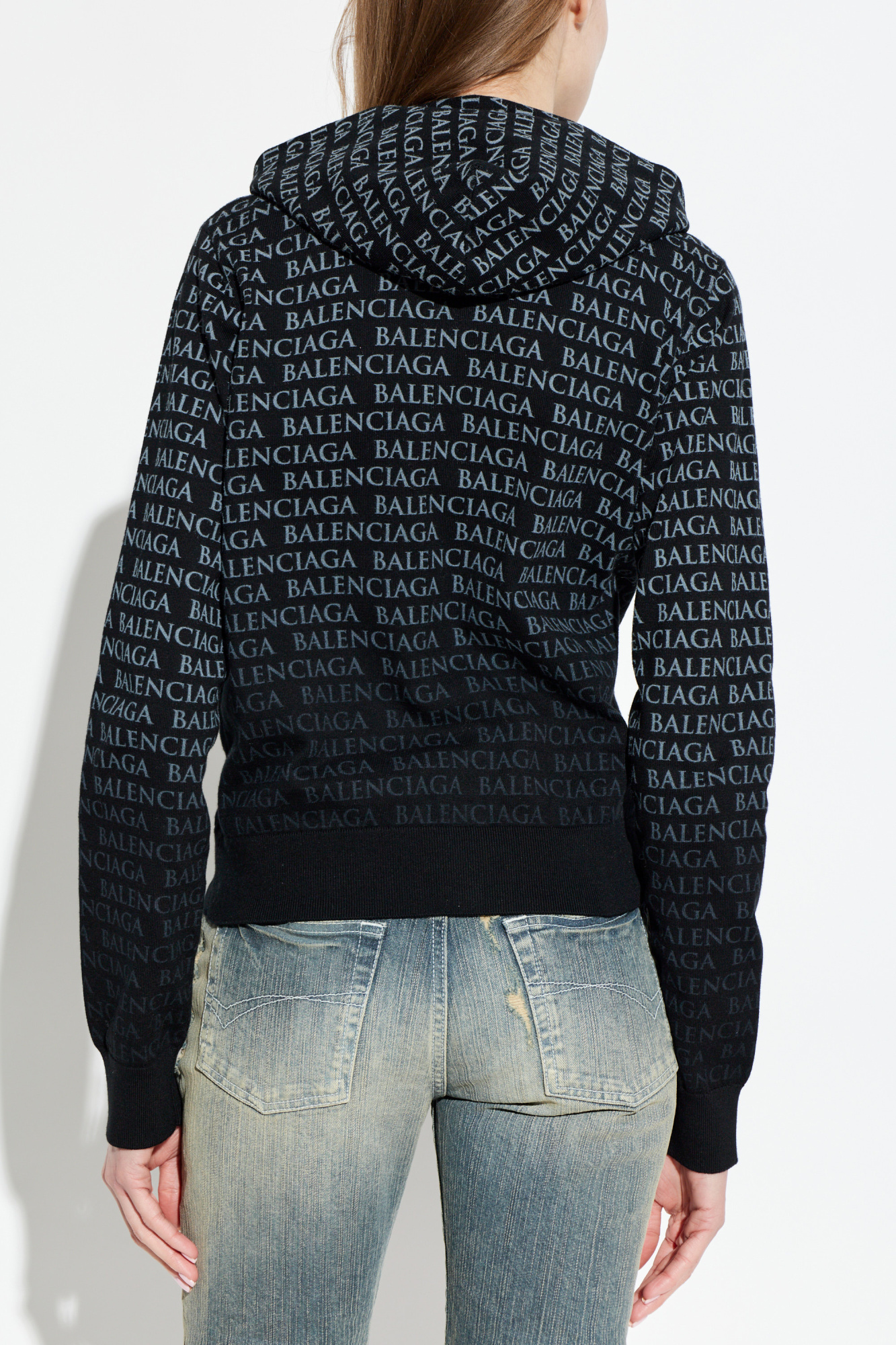 トップス balenciaga fooded cardigan Balenciaga All Over Logo Cardigan Sweater – Justin Reed
